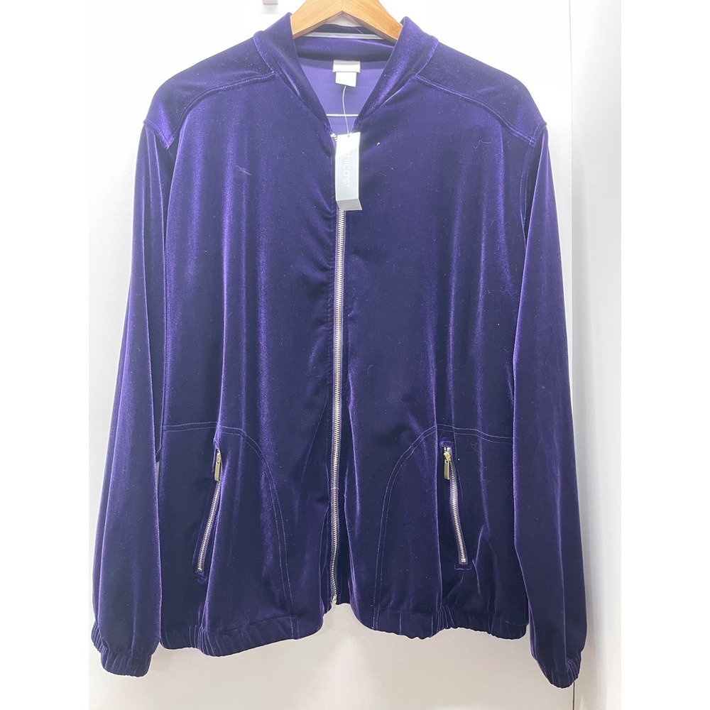 Chicos Travelers Velvet Bomber Jacket Midnight Violet Purple Size 4 US 20/22 NEW